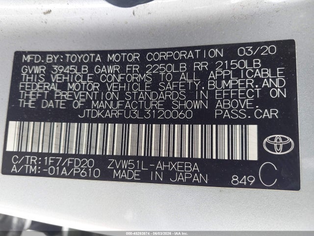 Toyota Prius Le 2020 JTDKARFU3L3120060 Image 9