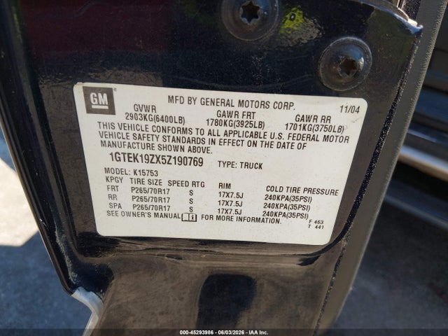 Aukcja sprzedaży 2005 Gmc Sierra 1500 Sle, vin: 1GTEK19ZX5Z190769, numer aukcji: 45293986