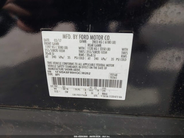 45293988 :رقم المزاد ، 1FM5K8F89HGC38262 vin ، 2017 Ford Explorer Limited مزاد بيع