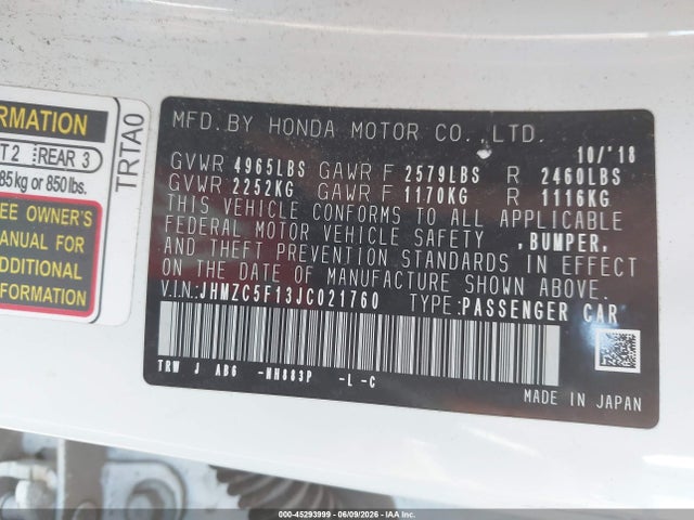 JHMZC5F13JC021760 Honda CLARITY PLUG-IN HYBRID