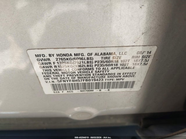 Aukcja sprzedaży 2015 Honda Pilot Ex-l, vin: 5FNYF4H57FB019423, numer aukcji: 45294019