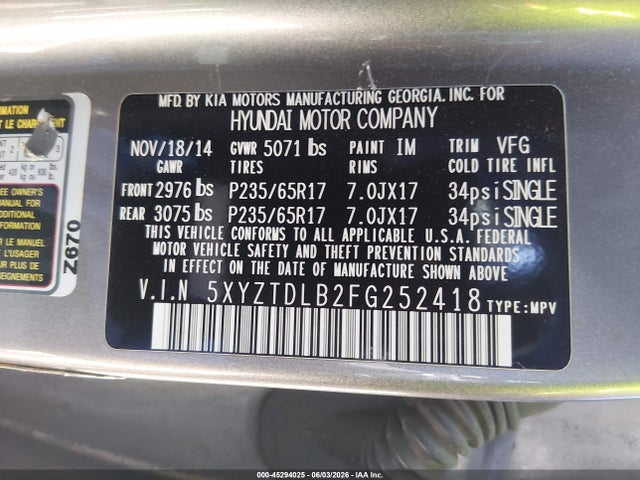 5XYZTDLB2FG252418 Hyundai Santa Fe Sport 2.4l