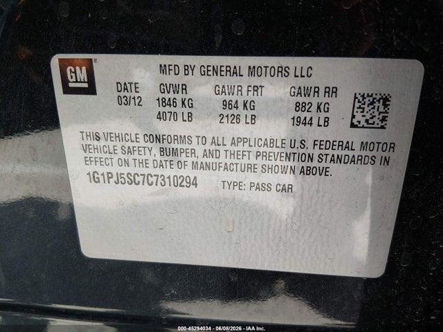 Продаж на аукціоні авто 2012 Chevrolet Cruze Eco, vin: 1G1PJ5SC7C7310294, номер лоту: 45294034
