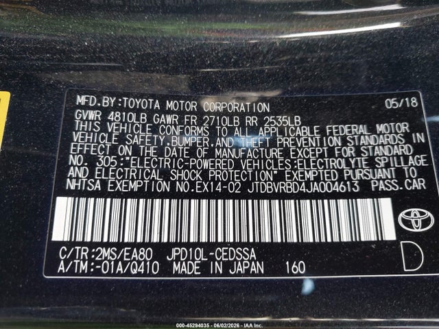 Продаж на аукціоні авто 2018 Toyota Mirai, vin: JTDBVRBD4JA004613, номер лоту: 45294035