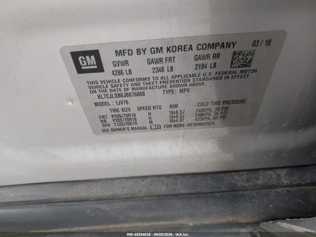 45294036 :رقم المزاد ، KL7CJLSB6JB676868 vin ، 2018 Chevrolet Trax Lt مزاد بيع