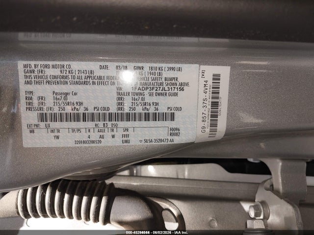 1FADP3F27JL317156 Ford FOCUS SE