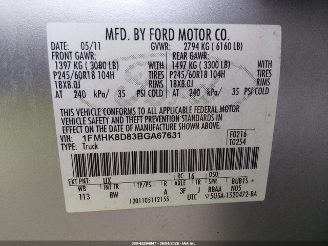 Продажа на аукционе авто 2011 Ford Explorer Xlt, vin: 1FMHK8D83BGA67631, номер лота: 45294047