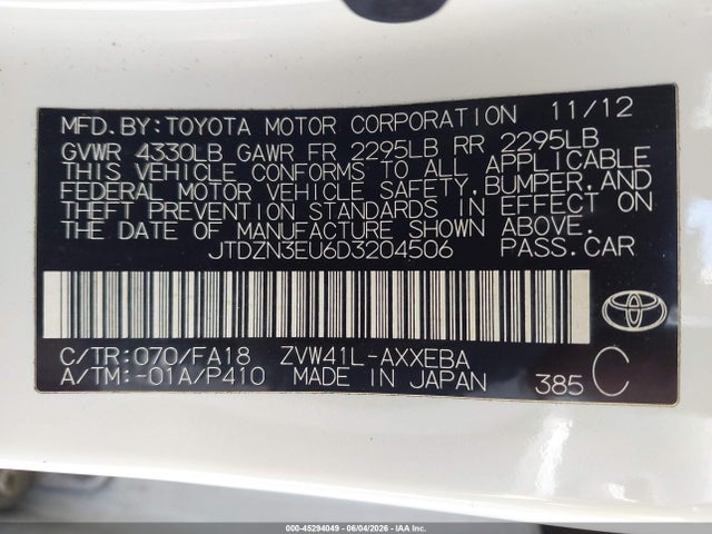45294049 :رقم المزاد ، JTDZN3EU6D3204506 vin ، 2013 Toyota Prius V Three مزاد بيع