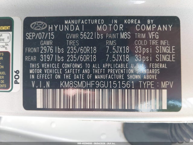 Продажа на аукционе авто 2016 Hyundai Santa Fe Se, vin: KM8SMDHF9GU151561, номер лота: 45294058