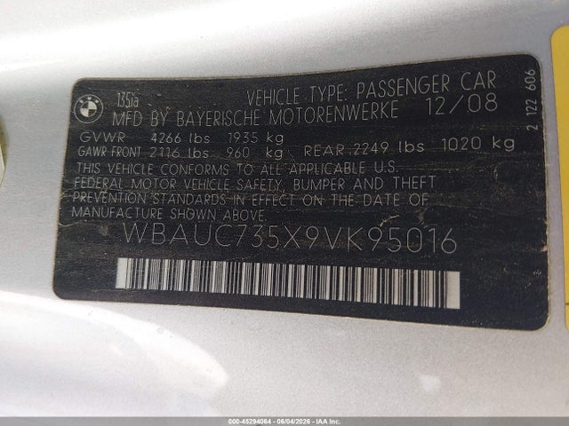 Aukcja sprzedaży 2009 Bmw 135i, vin: WBAUC735X9VK95016, numer aukcji: 45294064
