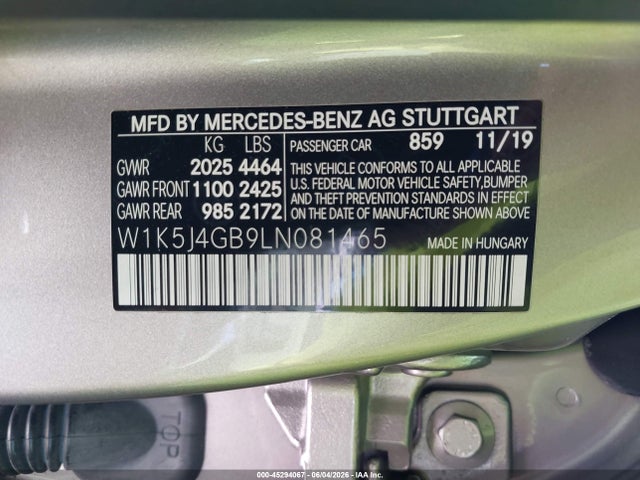 Aukcja sprzedaży 2020 Mercedes-benz Cla 250, vin: W1K5J4GB9LN081465, numer aukcji: 45294067