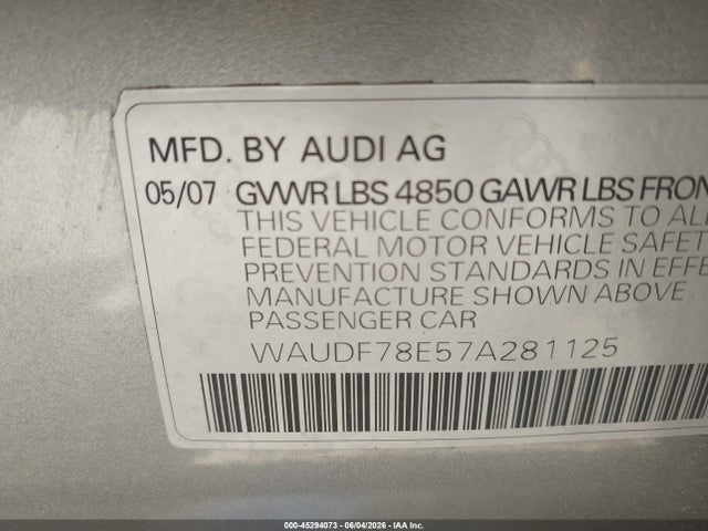 Aukcja sprzedaży 2007 Audi A4 2.0t, vin: WAUDF78E57A281125, numer aukcji: 45294073