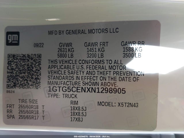Продажа на аукционе авто 2022 Gmc Canyon 2wd  Short Box Elevation, vin: 1GTG5CENXN1298905, номер лота: 45294076