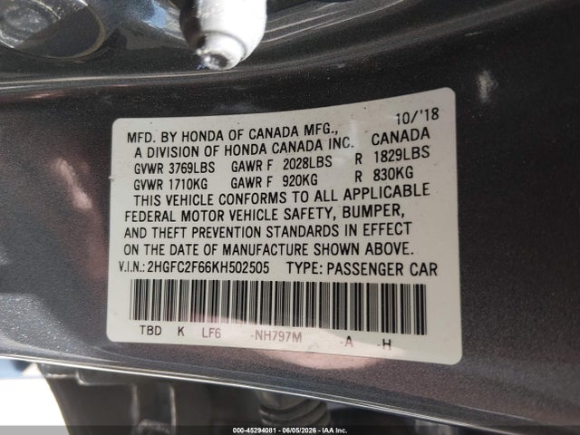 Honda Civic Lx 2019 2HGFC2F66KH502505 Image 9