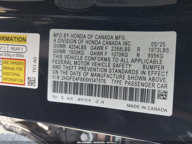 2HGFE4F8XSH347576 Honda Civic Hybrid Sport/sport Touring