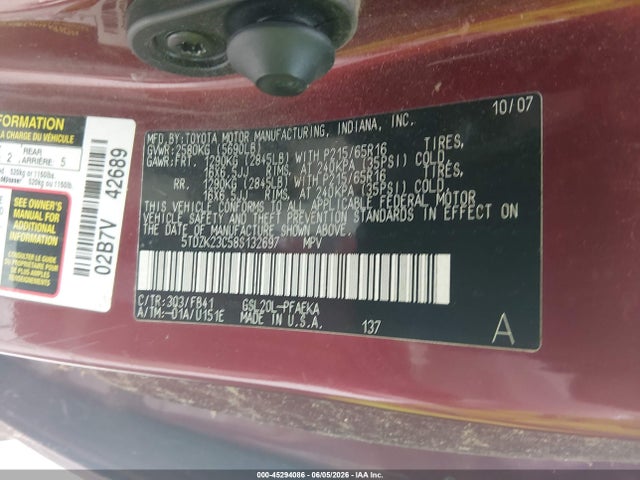 45294086 :رقم المزاد ، 5TDZK23C58S132697 vin ، 2008 Toyota Sienna Ce مزاد بيع