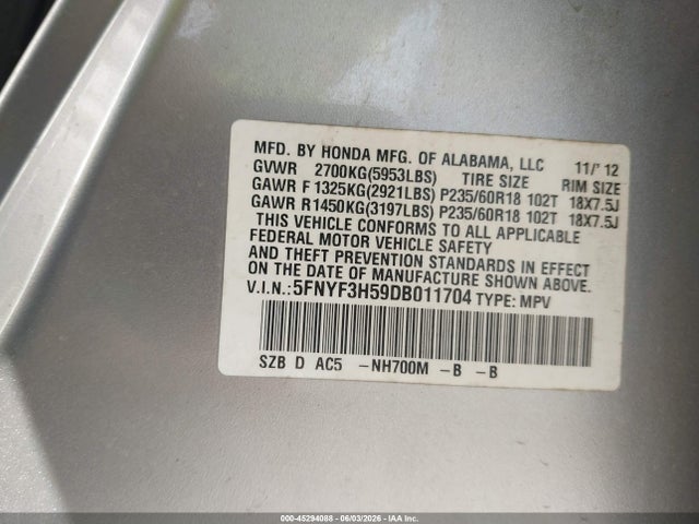 Продажа на аукционе авто 2013 Honda Pilot Ex-l, vin: 5FNYF3H59DB011704, номер лота: 45294088