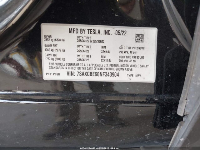 7SAXCBE60NF343904 Tesla Model X Plaid Tri Motor All-wheel Drive