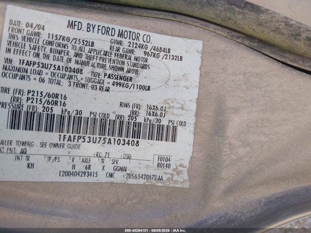 Aukcja sprzedaży 2005 Ford Taurus Se, vin: 1FAFP53U75A103408, numer aukcji: 45294101