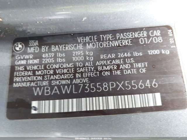 2008 Bmw 335i მანქანა იყიდება აუქციონზე, vin: WBAWL73558PX55646, აუქციონის ნომერი: 45294112