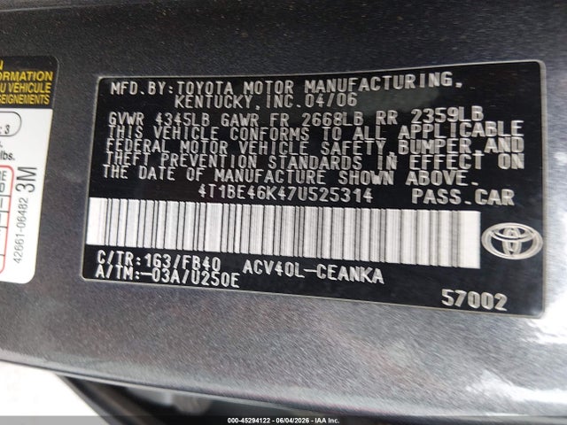 45294122 :رقم المزاد ، 4T1BE46K47U525314 vin ، 2007 Toyota Camry Le مزاد بيع