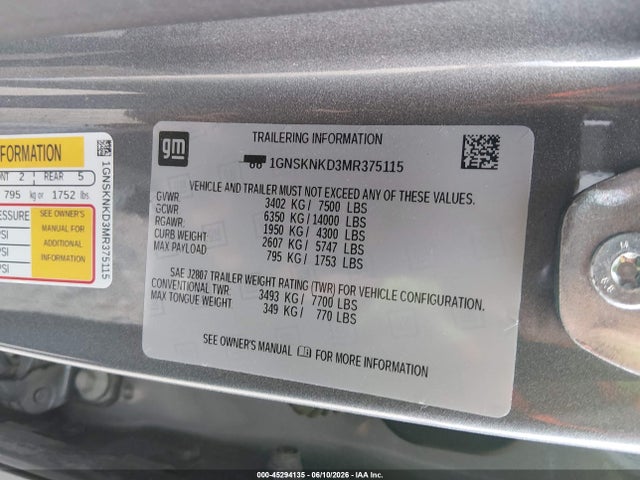 1GNSKNKD3MR375115 Chevrolet Tahoe 4wd Lt