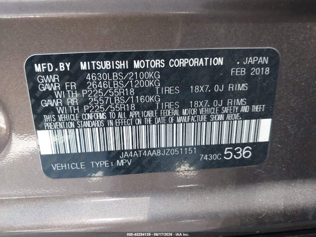 Продаж на аукціоні авто 2018 Mitsubishi Eclipse Cross Le, vin: JA4AT4AA8JZ051151, номер лоту: 45294139