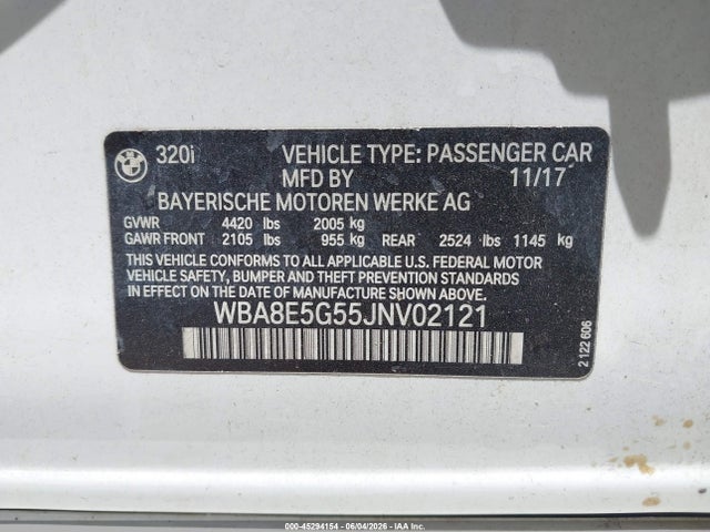 Продаж на аукціоні авто 2018 Bmw 320i Xdrive, vin: WBA8E5G55JNV02121, номер лоту: 45294154