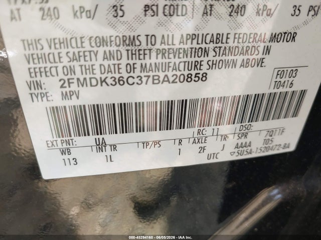 45294160 :رقم المزاد ، 2FMDK36C37BA20858 vin ، 2007 Ford Edge Se مزاد بيع
