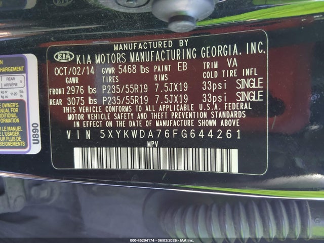 Продажа на аукционе авто 2015 Kia Sorento Limited V6, vin: 5XYKWDA76FG644261, номер лота: 45294174