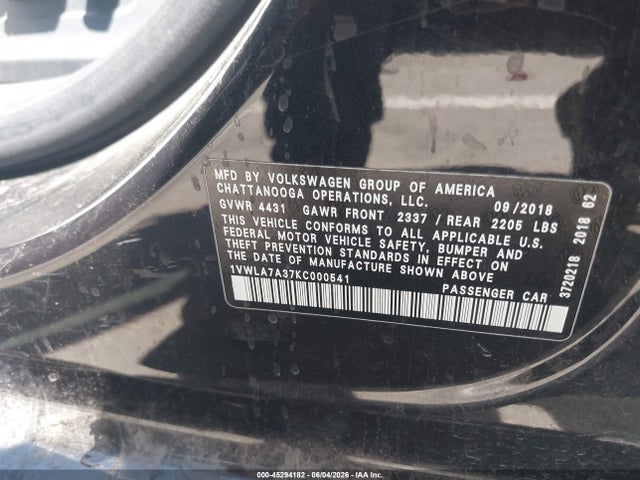 Aukcja sprzedaży 2019 Volkswagen Passat 2.0t Wolfsburg Edition, vin: 1VWLA7A37KC000541, numer aukcji: 45294182