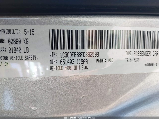 45294183 :رقم المزاد ، 1C3CDFEB8FD392598 vin ، 2015 Dodge Dart Gt مزاد بيع