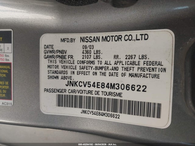 Aukcja sprzedaży 2004 Infiniti G35, vin: JNKCV54E84M306622, numer aukcji: 45294192