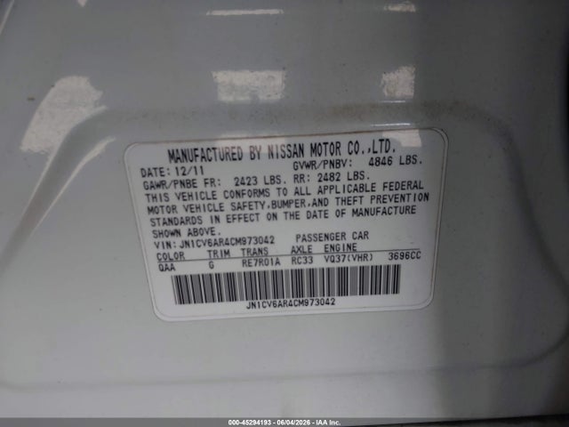 Aukcja sprzedaży 2012 Infiniti G37x, vin: JN1CV6AR4CM973042, numer aukcji: 45294193