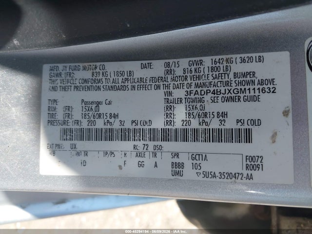 45294194 :رقم المزاد ، 3FADP4BJXGM111632 vin ، 2016 Ford Fiesta Se مزاد بيع