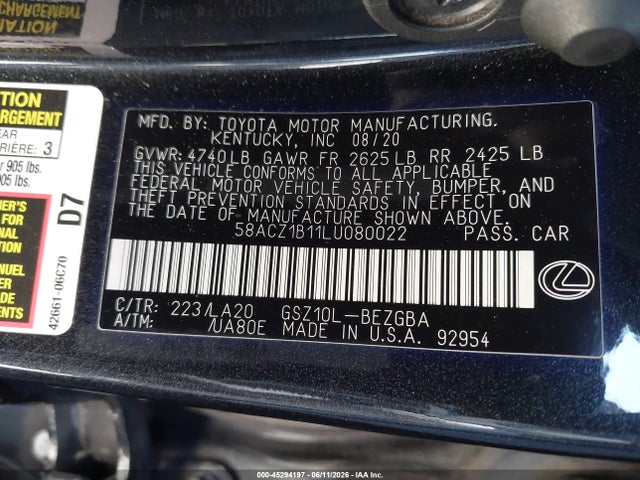 Lexus ES 350 2020 58ACZ1B11LU080022 Image 9
