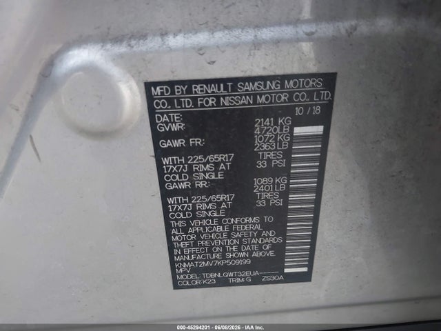 KNMAT2MV7KP509199 Nissan ROGUE SV