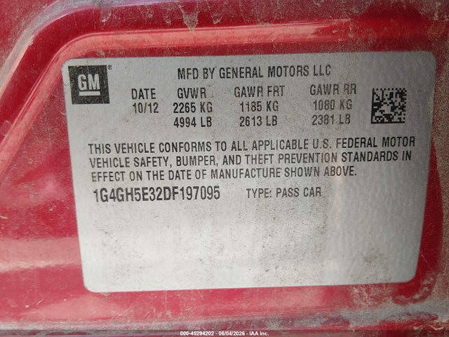 2013 Buick Lacrosse Premium 2 Group მანქანა იყიდება აუქციონზე, vin: 1G4GH5E32DF197095, აუქციონის ნომერი: 45294202