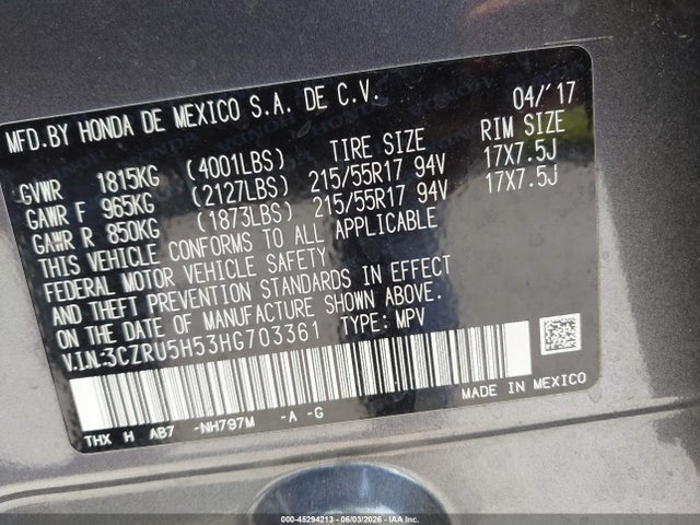 3CZRU5H53HG703361 Honda HR-V EX