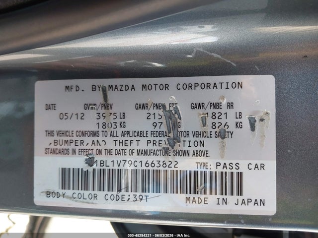 Продаж на аукціоні авто 2012 Mazda Mazda3 I Touring, vin: JM1BL1V79C1663822, номер лоту: 45294221