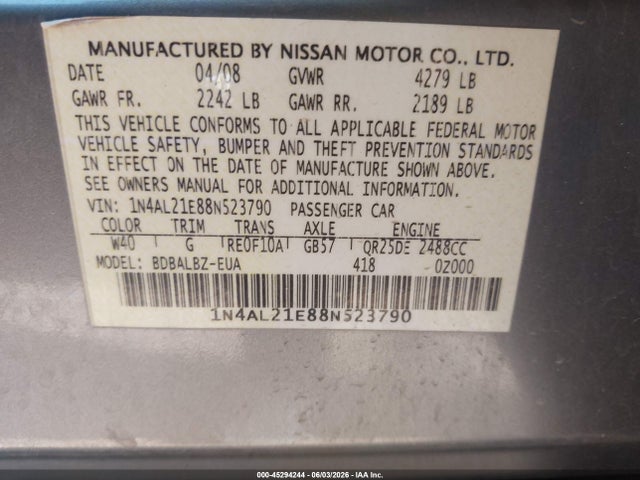 Aukcja sprzedaży 2008 Nissan Altima 2.5 S, vin: 1N4AL21E88N523790, numer aukcji: 45294244