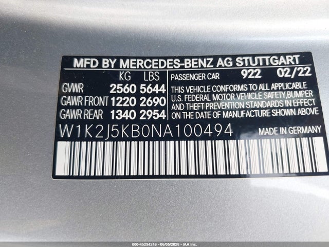 45294246 :رقم المزاد ، W1K2J5KB0NA100494 vin ، 2022 Mercedes-benz Cls 450 Coupe 4matic مزاد بيع