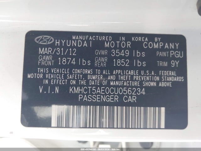 Aukcja sprzedaży 2012 Hyundai Accent Gs, vin: KMHCT5AE0CU056234, numer aukcji: 45294250