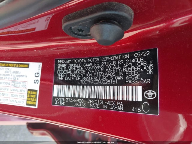 JTDEPMAE2NJ228151 Toyota COROLLA LE