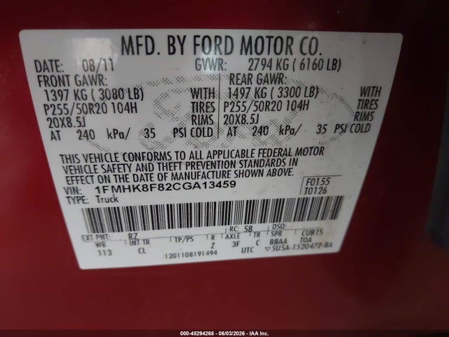 Aukcja sprzedaży 2012 Ford Explorer Limited, vin: 1FMHK8F82CGA13459, numer aukcji: 45294268