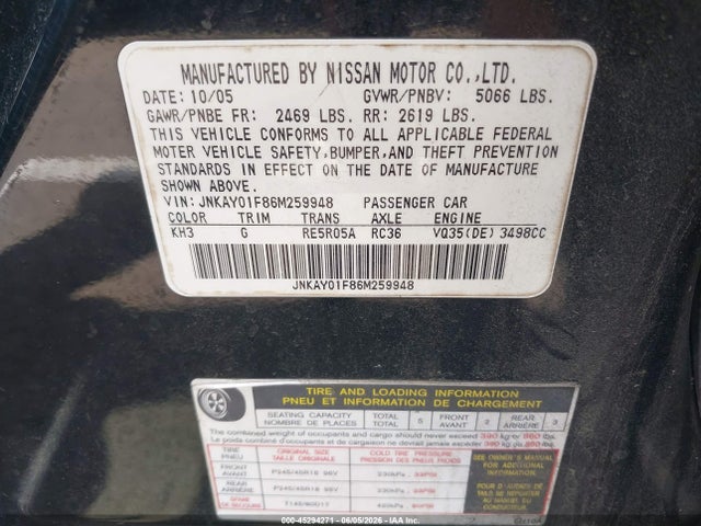 Aukcja sprzedaży 2006 Infiniti M35x, vin: JNKAY01F86M259948, numer aukcji: 45294271