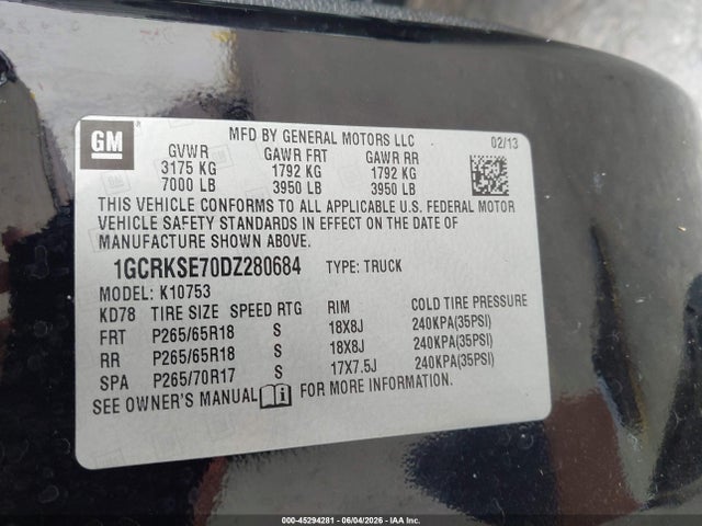 Aukcja sprzedaży 2013 Chevrolet Silverado 1500 Lt, vin: 1GCRKSE70DZ280684, numer aukcji: 45294281