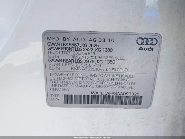 Aukcja sprzedaży 2010 Audi Q5 3.2 Premium, vin: WA1LKAFP8AA093325, numer aukcji: 45294290