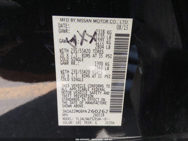 Nissan Murano Platinum 2015 5N1AZ2MG6FN260262 Image 9