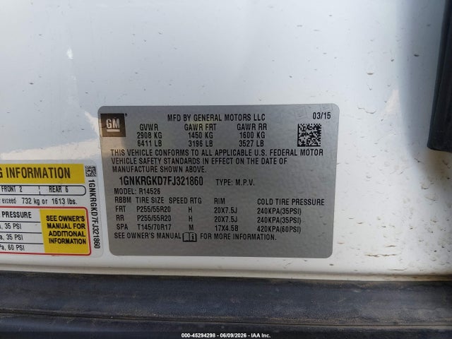 Chevrolet Traverse 1lt 2015 1GNKRGKD7FJ321860 Image 9